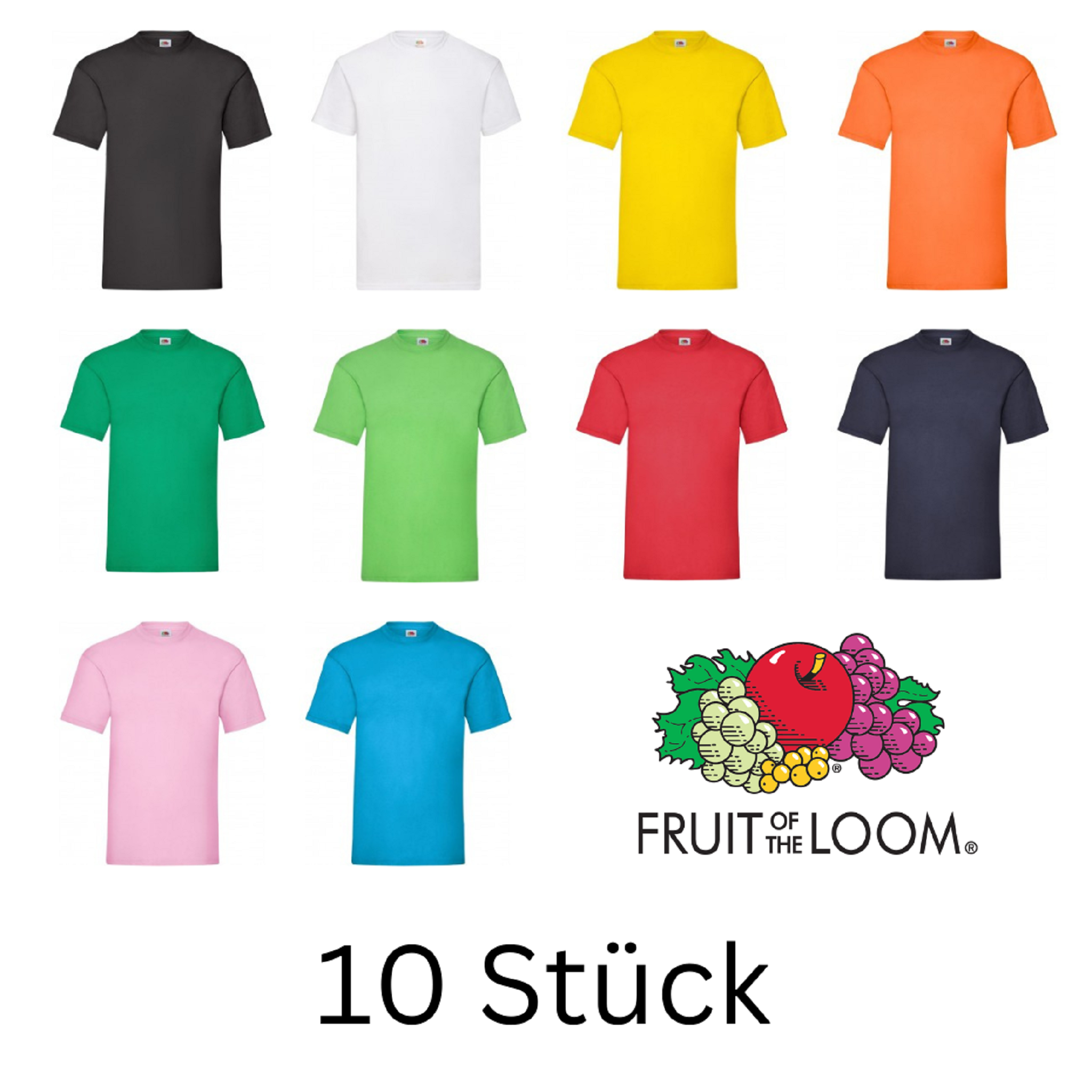 Fruit of the Loom T-Shirts 10er Pack - Premium Baumwoll-Mix in verschiedenen Farben.